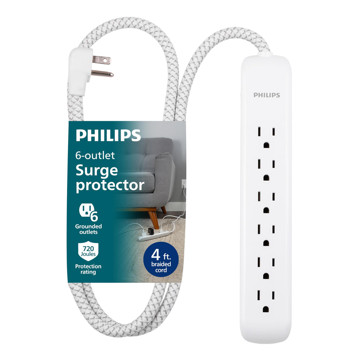 Philips surge protector with 6 outlets for organized power at home and office
