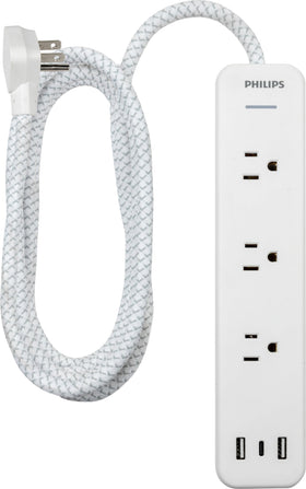 PHILIPS surge protector featuring a 6 ft braided cord for flexible, durable setups.