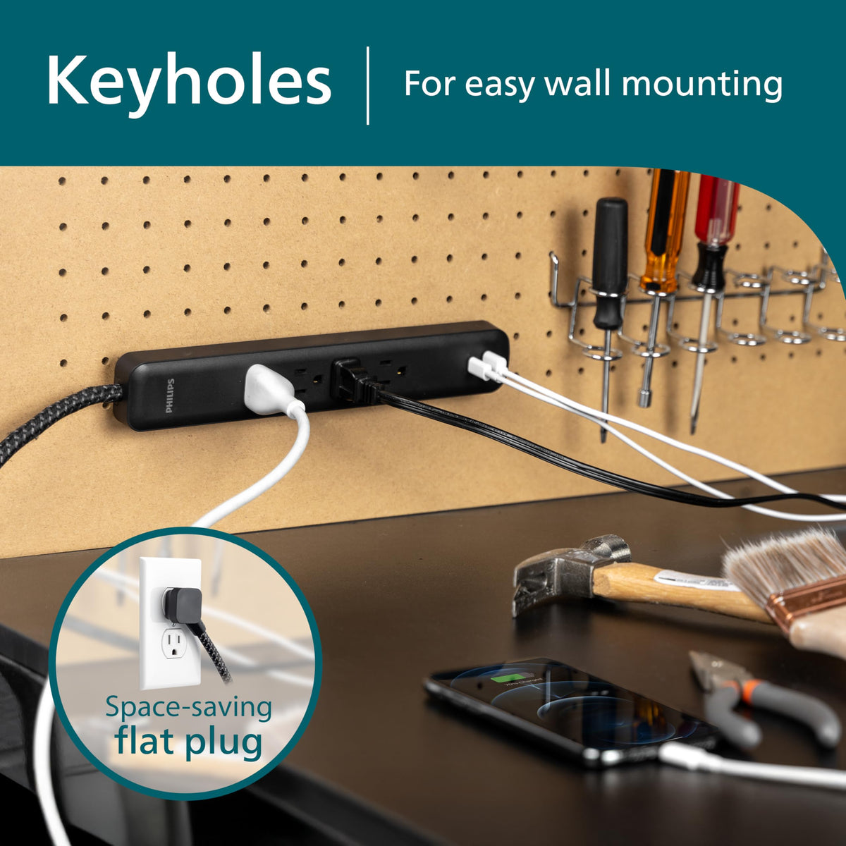 PHILIPS surge protector black woven cord, durable and tangle-resistant