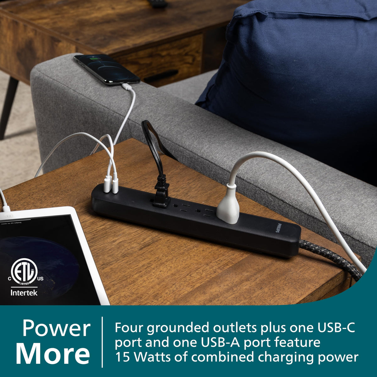 PHILIPS surge protector braided cord, side view, keeps cables tidy behind furniture