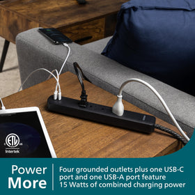 PHILIPS surge protector braided cord, side view, keeps cables tidy behind furniture