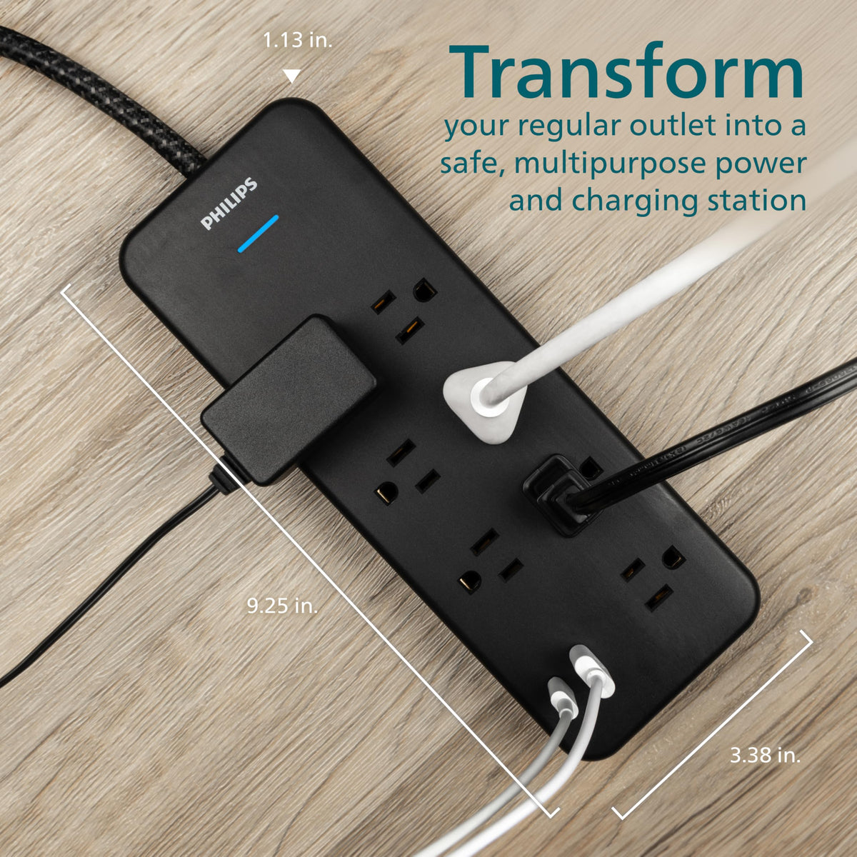 PHILIPS flat plug design saves space behind furniture.