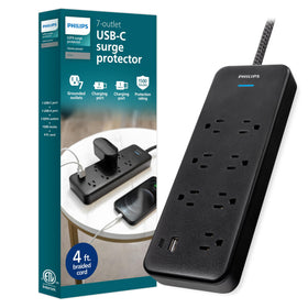 PHILIPS surge protector with seven outlets for bulky adapters.