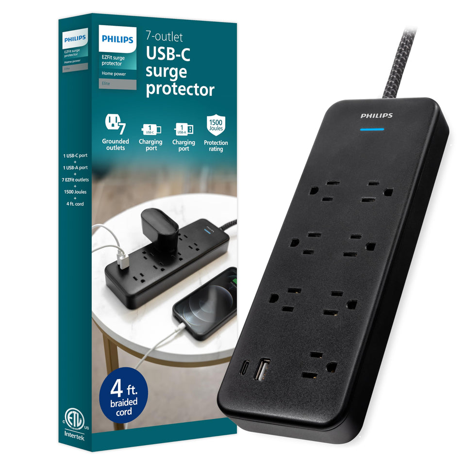 PHILIPS surge protector with seven outlets for bulky adapters.