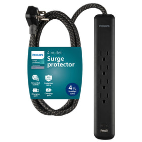 PHILIPS surge protector with USB ports, front view, ideal for desk charging