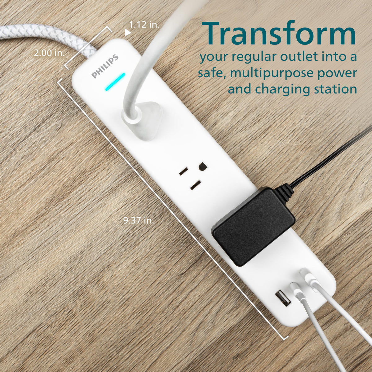 PHILIPS surge protector can be wall-mounted to keep outlets organized.
