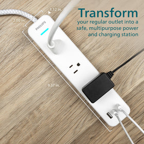 PHILIPS surge protector can be wall-mounted to keep outlets organized.