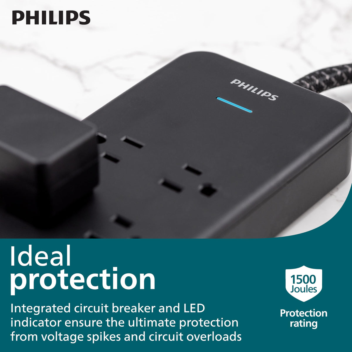 PHILIPS wide-spaced outlets fit larger adapters easily.