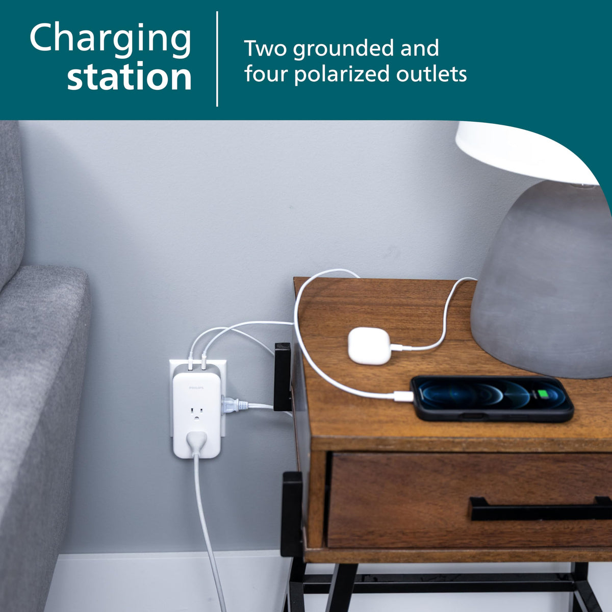Philips surge tap side angle outlets keep bulky adapters unobstructed