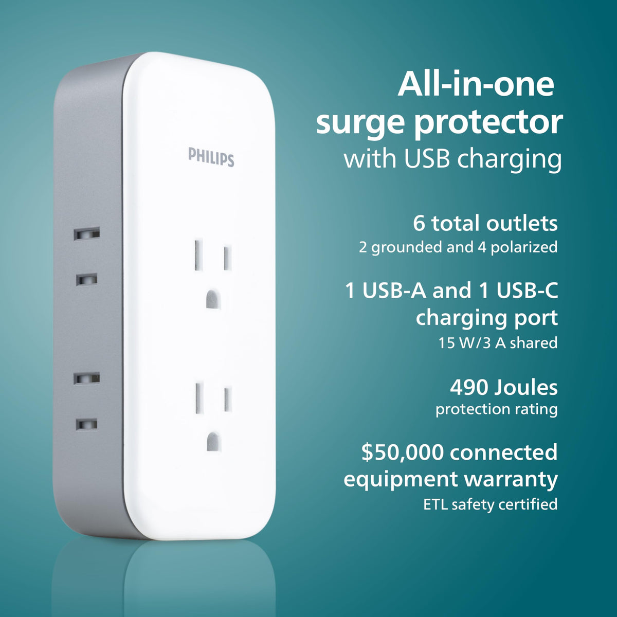 Philips surge tap USB A port providing shared 15 W charging for multiple devices