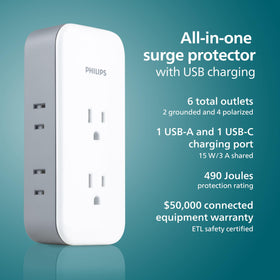 Philips surge tap USB A port providing shared 15 W charging for multiple devices