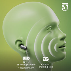 PHILIPS T6908 charging case beside USB-C cable showing fast convenient charging benefit