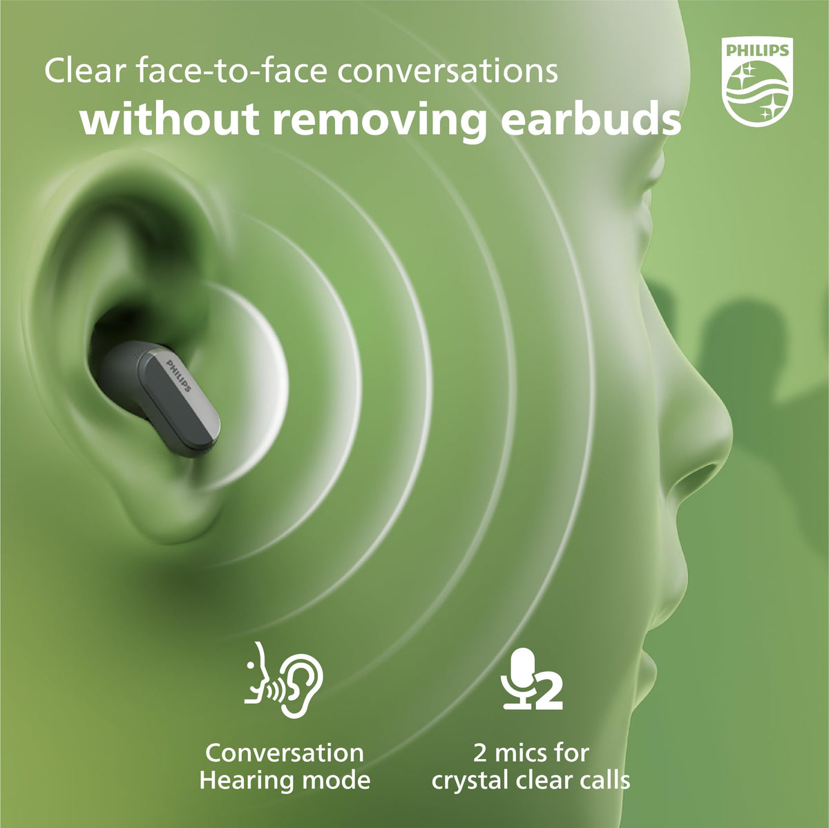 PHILIPS T6908 worn in-ear during commute showing secure fit and focused listening benefit