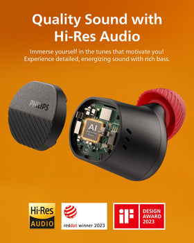 PHILIPS TAA5508 charging case highlighting 28-hour battery life for long sessions.