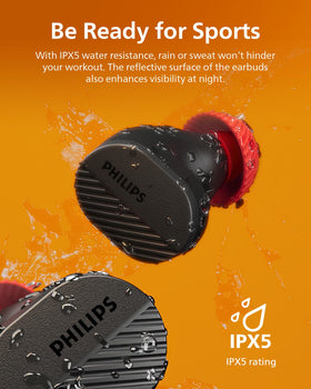 PHILIPS TAA5508 IPX5 rating protecting against sweat and rain during training.