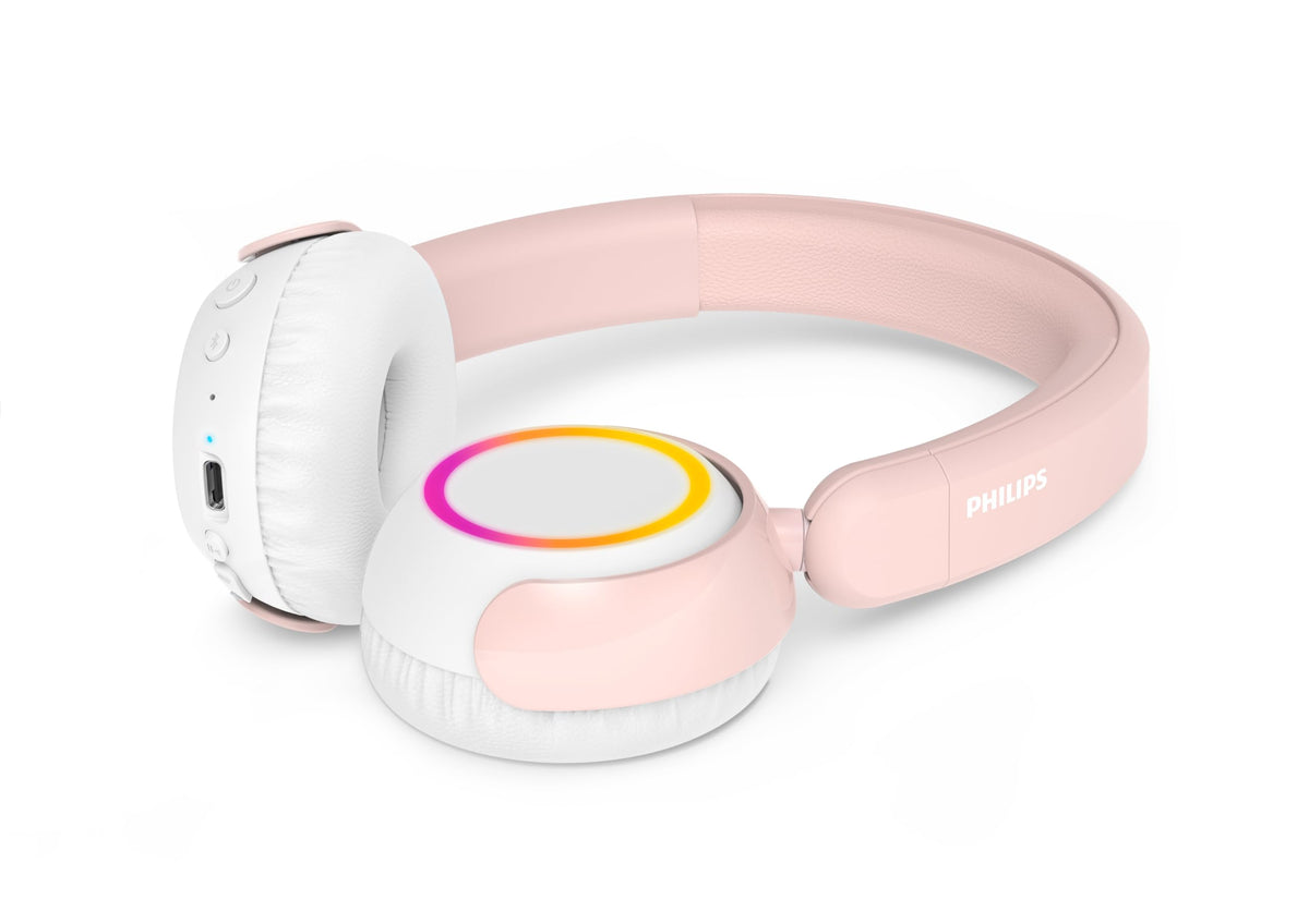 Philips TAK4200 pink foldable kids headphones for travel and storage.