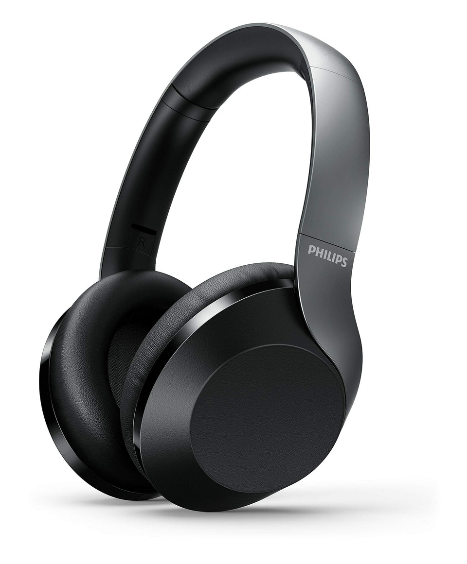 PHILIPS TAPH805BK front view showing sleek black finish and logo, enhances travel style