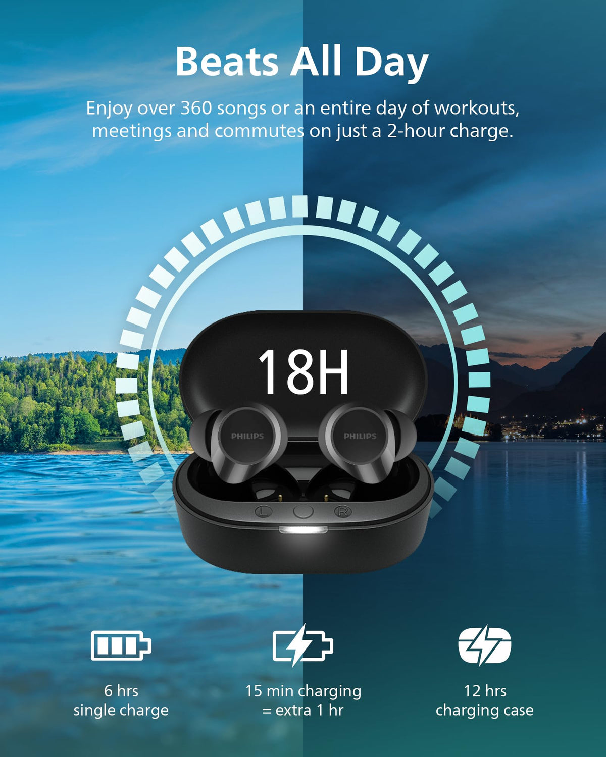 PHILIPS TAT1219 charging case open for extra 12 hours battery