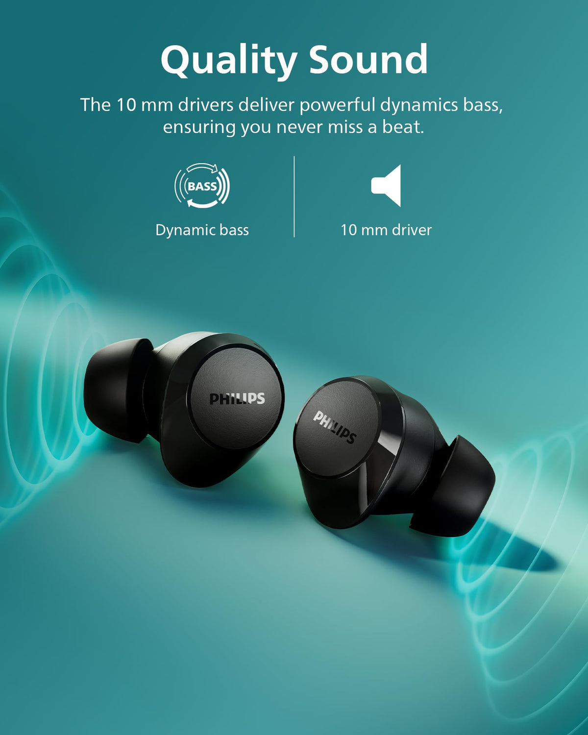 PHILIPS TAT1219 close-up of 10mm driver delivering rich sound