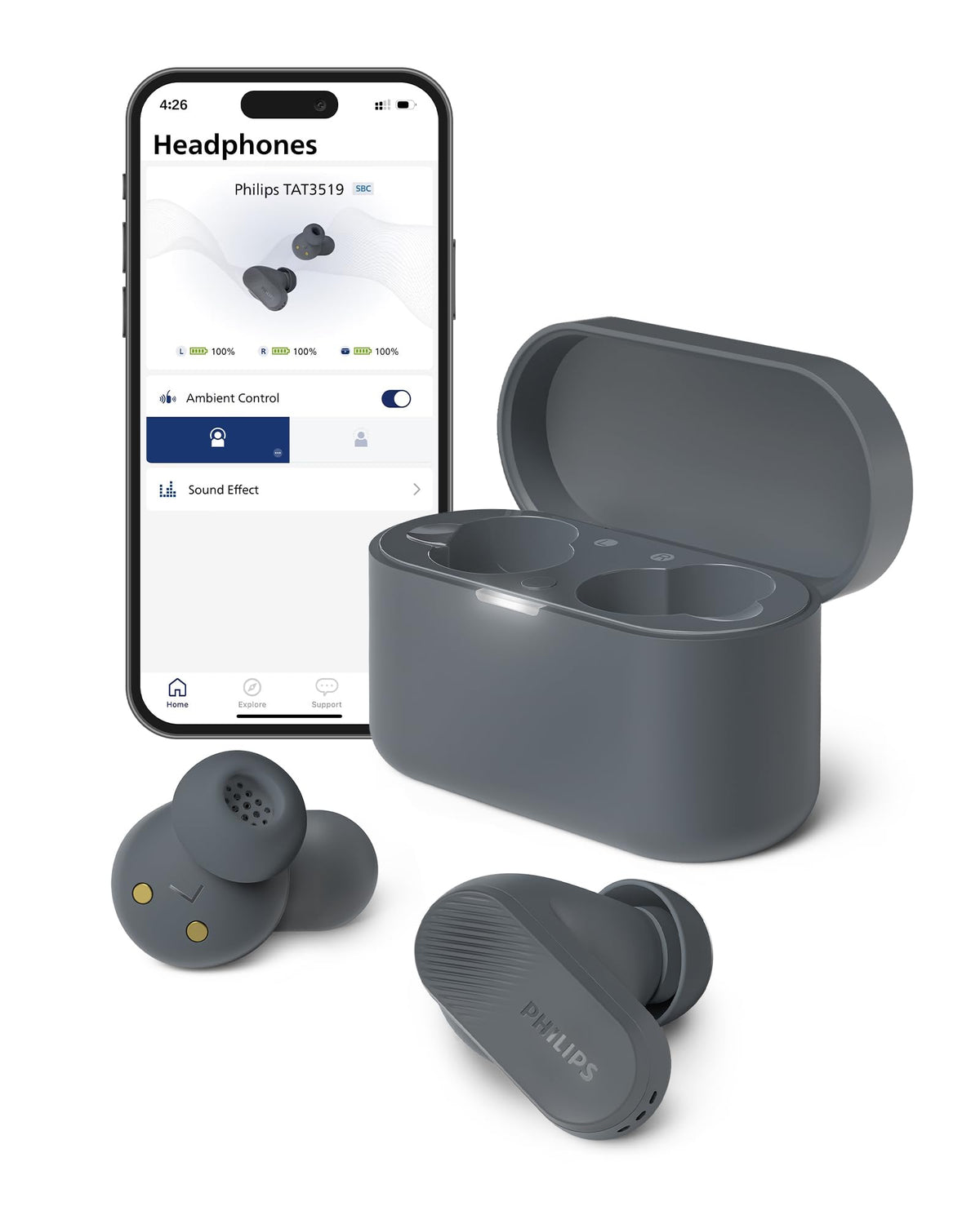 PHILIPS TAT3519 earbuds with charging case ready for on-the-go listening