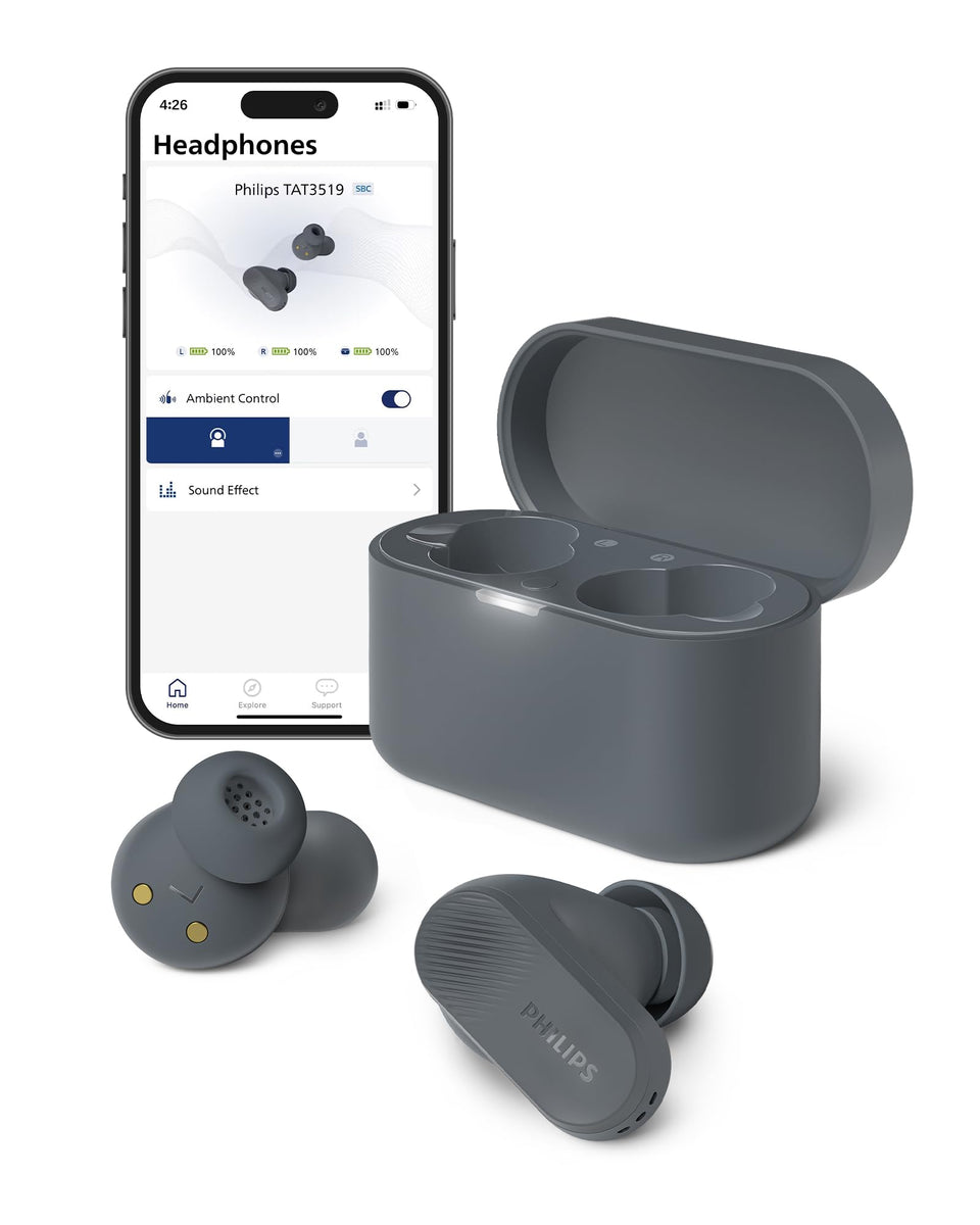 PHILIPS TAT3519 earbuds with charging case ready for on-the-go listening