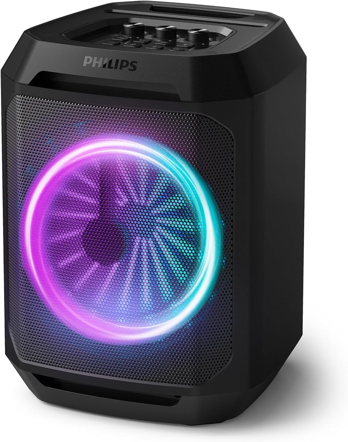 Philips TAXA2208 front view highlighting portable party speaker design for easy transport.