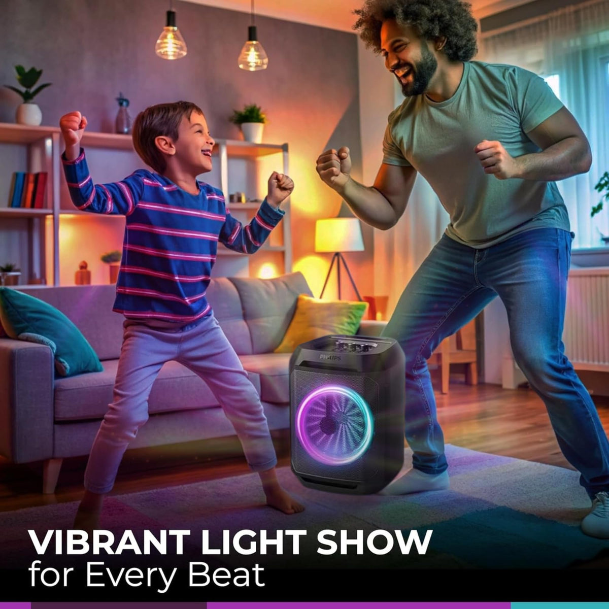 Philips TAXA2208 mic-input shows karaoke-ready feature with voice and echo controls.