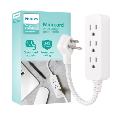PHILIPS three-outlet mini extension cord provides a compact power hub for devices.