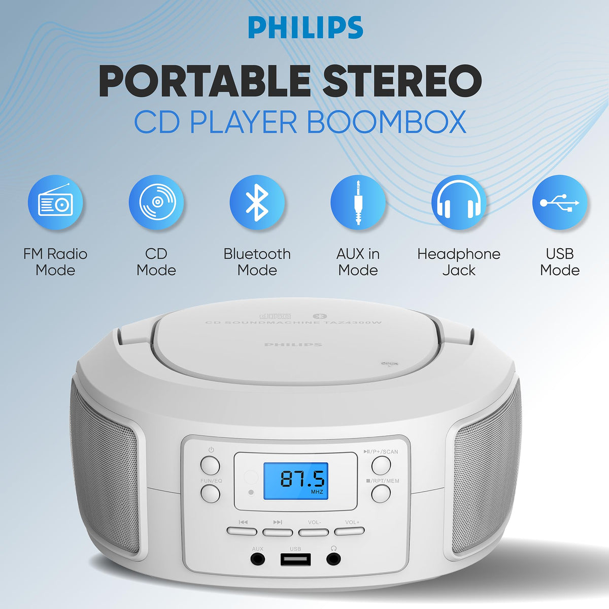 PHILIPS top-loading CD lid open revealing disc tray for easy loading and safe handling