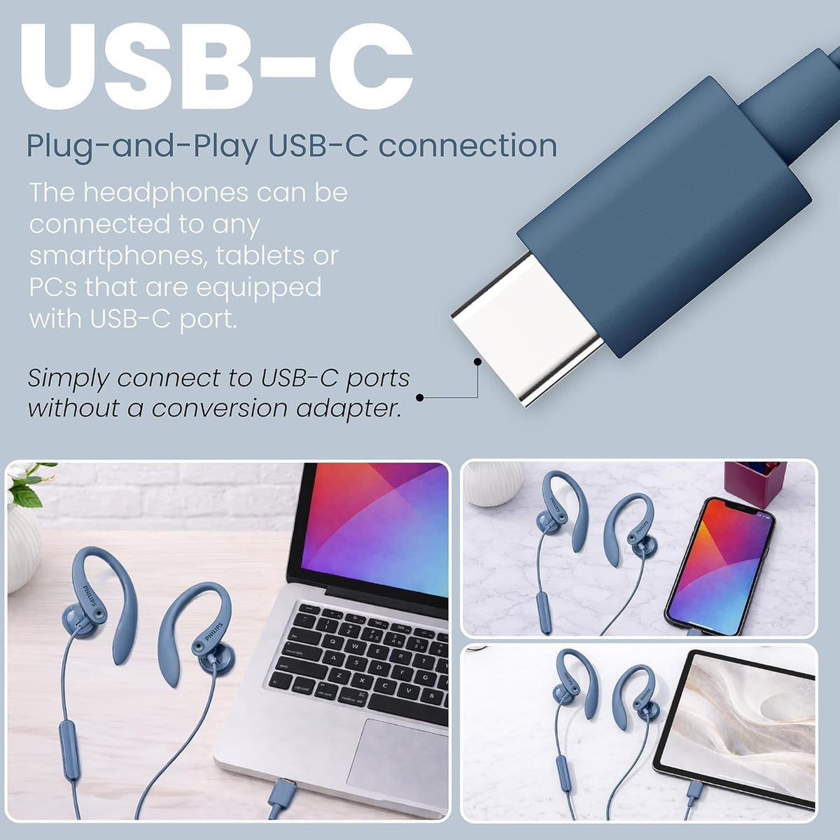 PHILIPS USB-C earbuds comfortable 1.2 m cable for workouts and commuting.