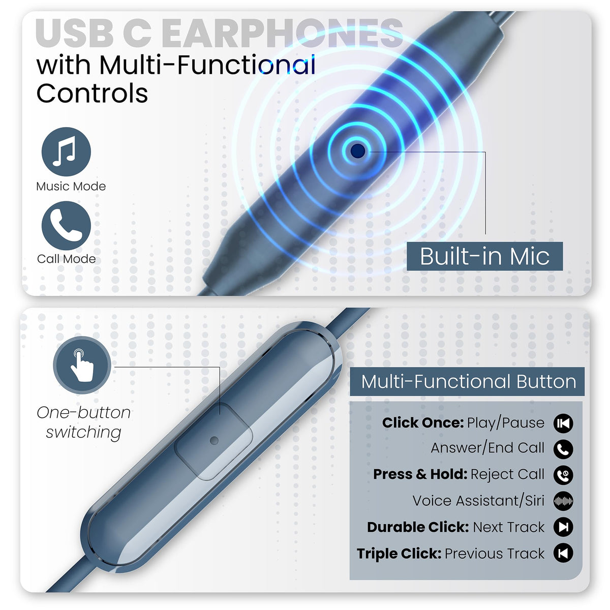 PHILIPS USB-C earbuds inline controls for easy music and call handling.
