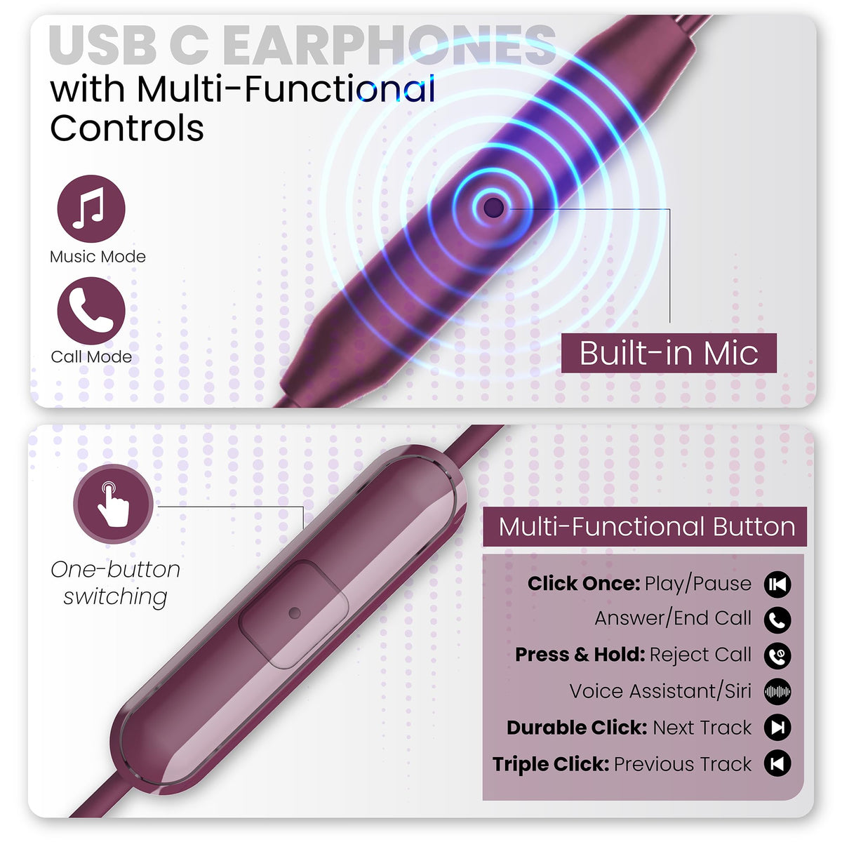Philips USB-C wired earbuds with inline microphone controls for calls and playback.