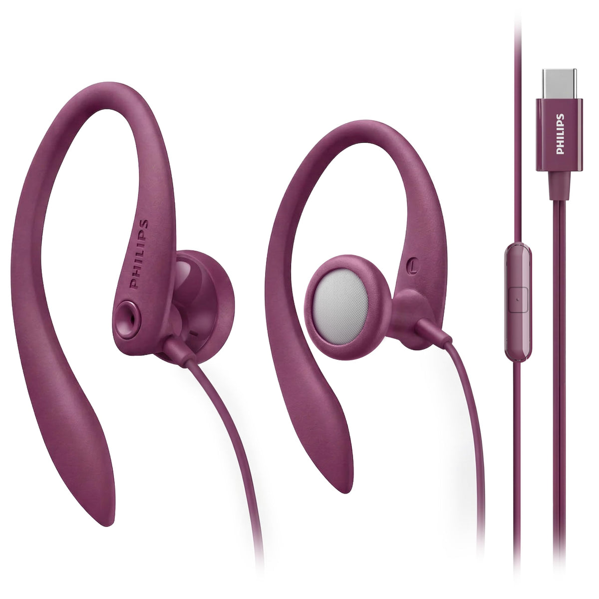 Philips USB-C wired earbuds with secure earhook fit for active workouts.