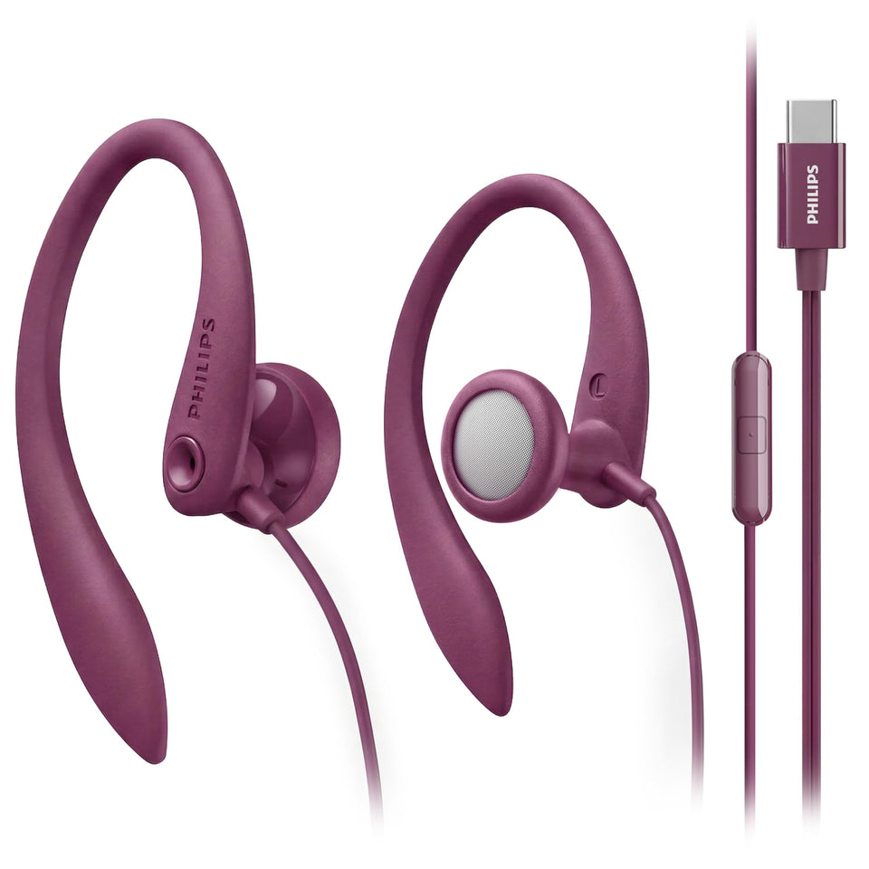 Philips USB-C wired earbuds with secure earhook fit for active workouts.