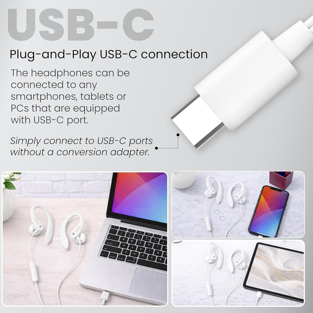 PHILIPS USB-C wired earbuds compatible with iPhone, Samsung, Android