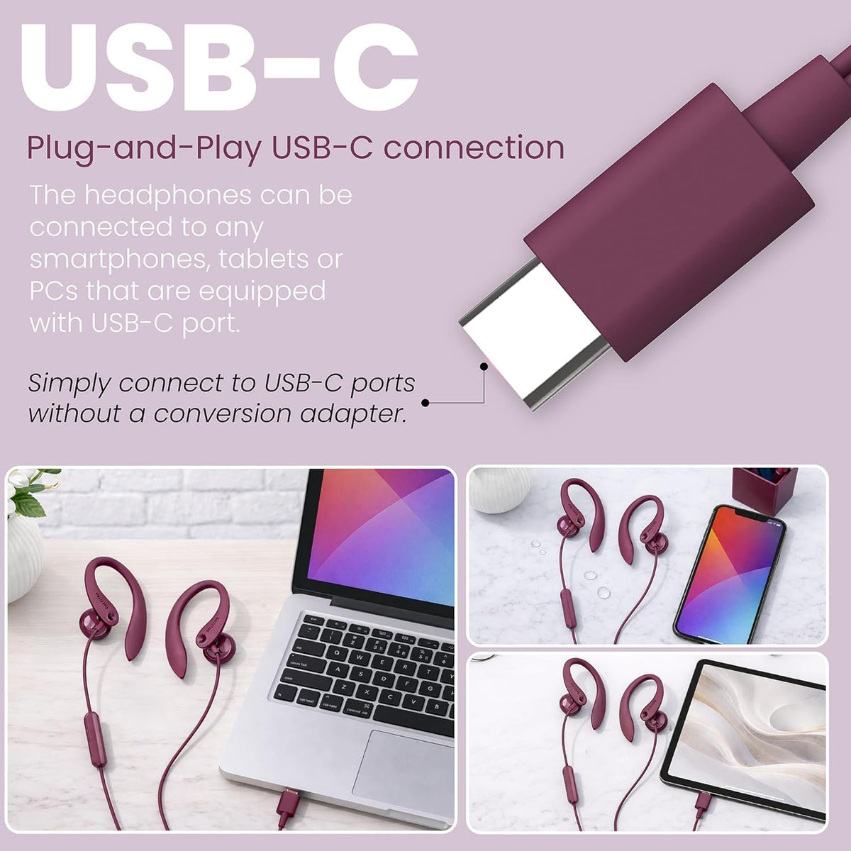 Philips USB-C wired earbuds sport behind-ear secure fit for intense activities.