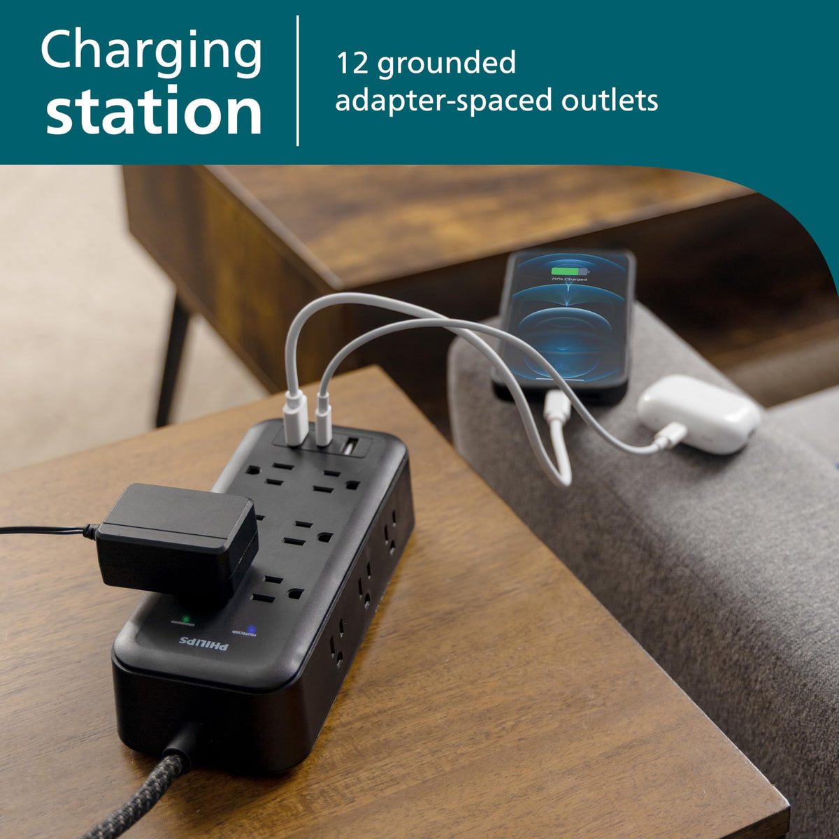 PHILIPS detailed view of USB-C and USB-A ports highlighting convenient device charging