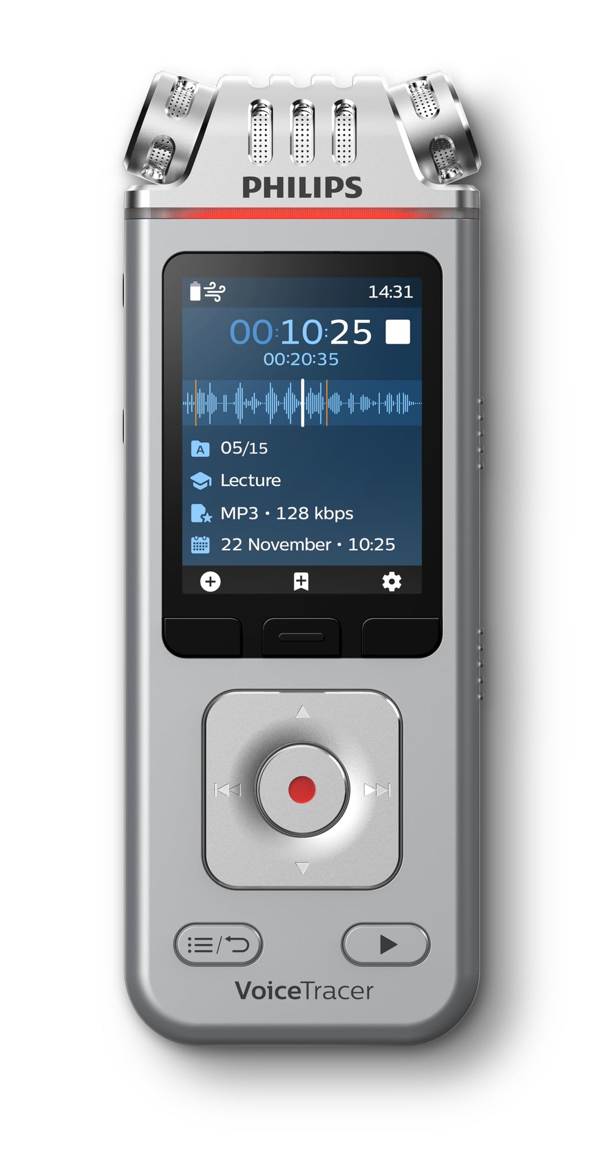 Philips VoiceTracer DVT4115 front view for portable on-the-go recording.