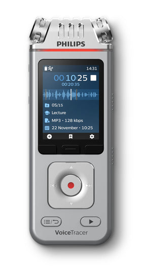 Philips VoiceTracer DVT4115 front view for portable on-the-go recording.
