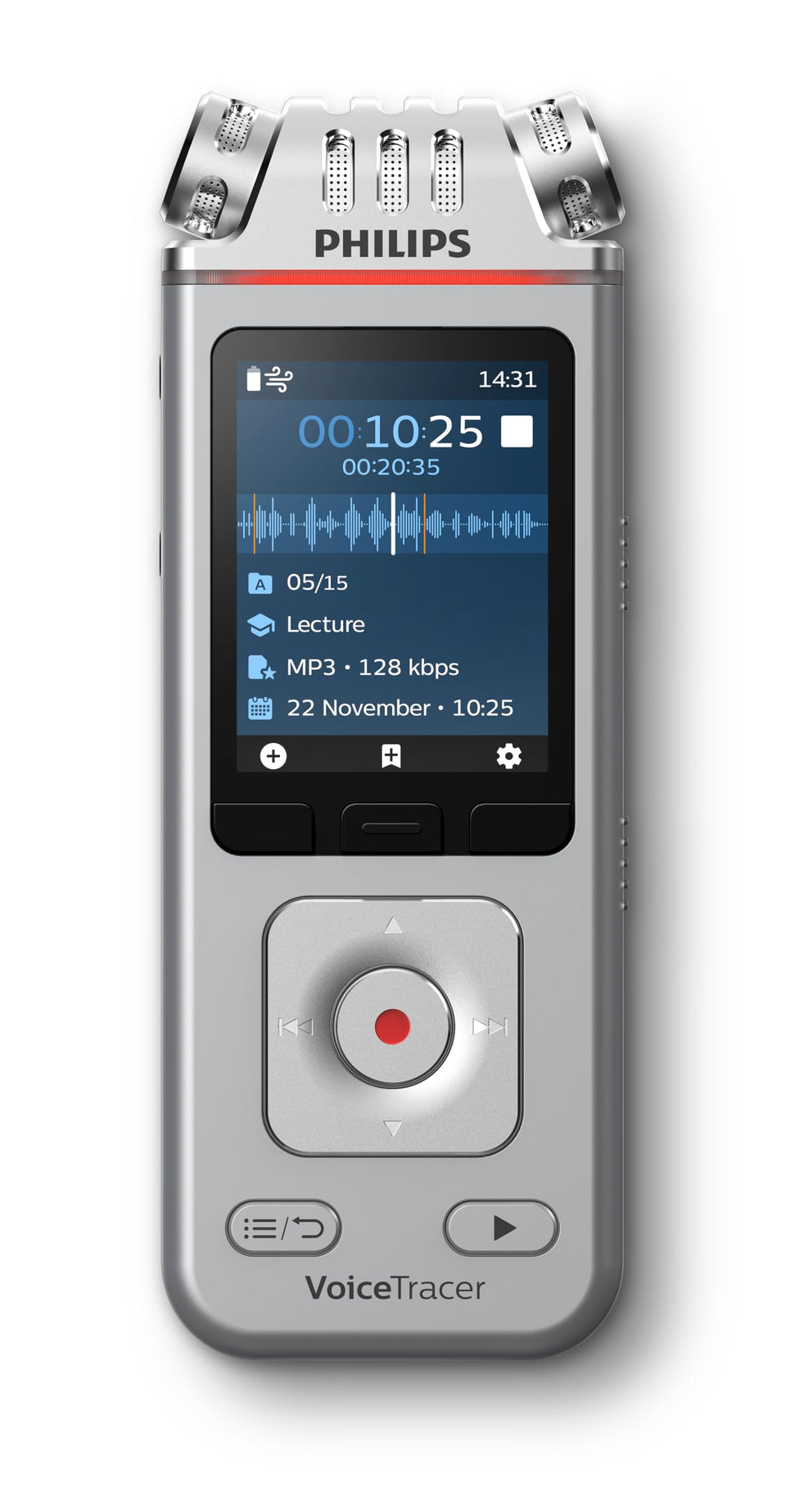 Philips VoiceTracer DVT4115 front view for portable on-the-go recording.