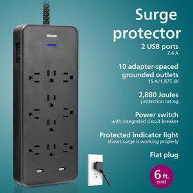 Philips close-up of wide-spaced outlets accommodating bulky adapters easily