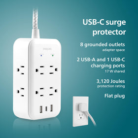 PHILIPS close-up of wide-spaced outlets demonstrating space for bulky plugs