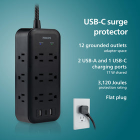 PHILIPS close-up of wide spaced outlets demonstrating room for bulky adapters and flexible setup