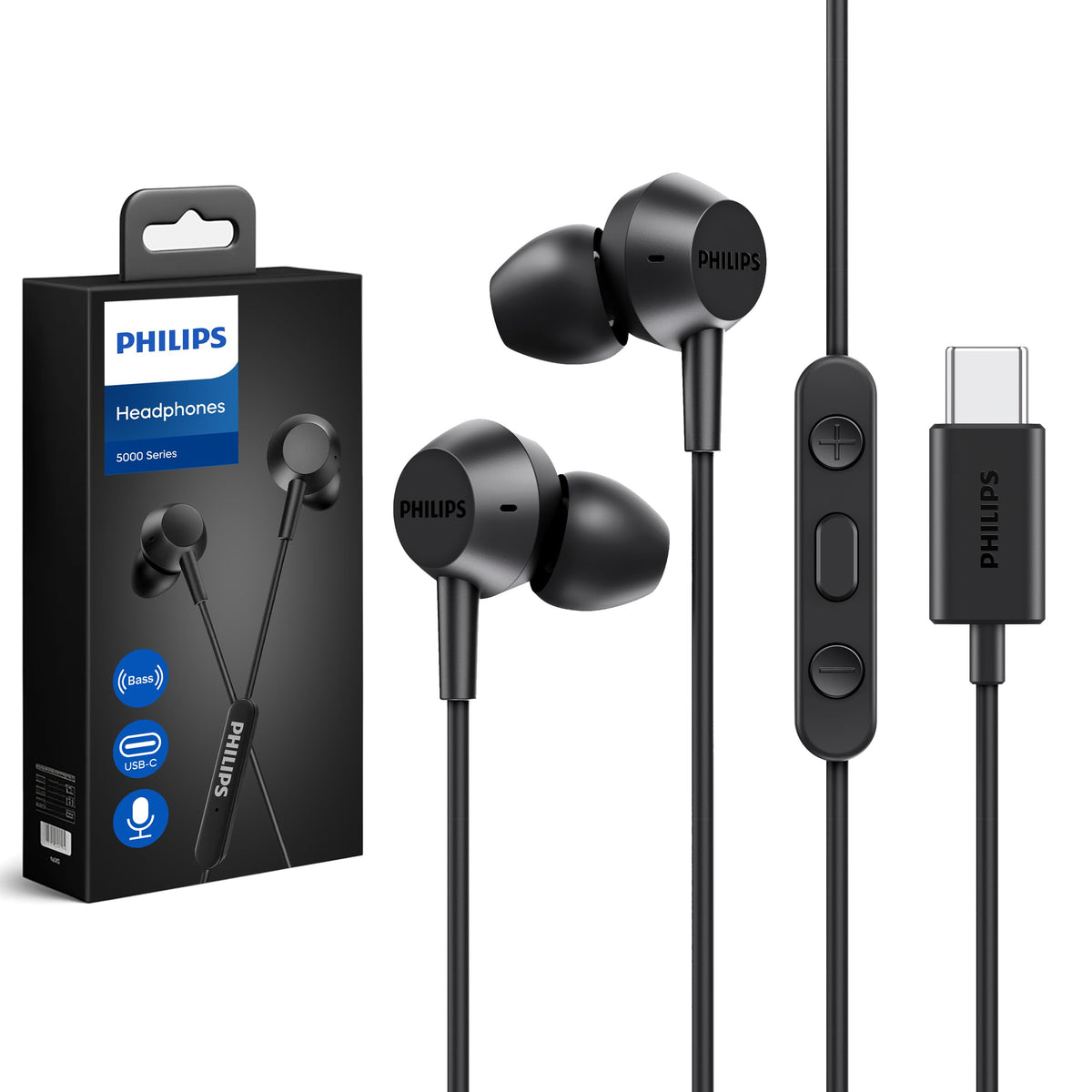 Philips USB-C wired earbuds with bass boost for immersive on-the-go listening