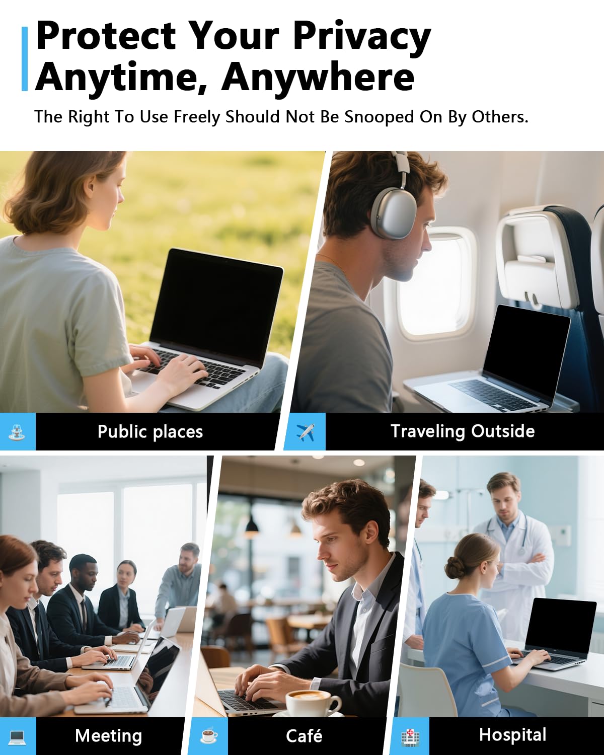 Phimoos privacy filter blocks side viewing for discreet use in public