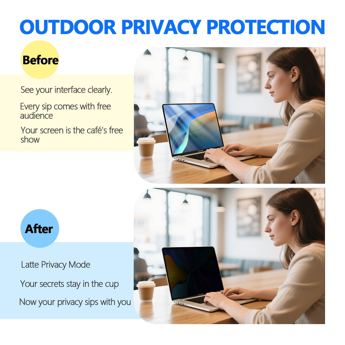 Phimoos magnetic top-edge attachment securely holds the privacy filter in place.