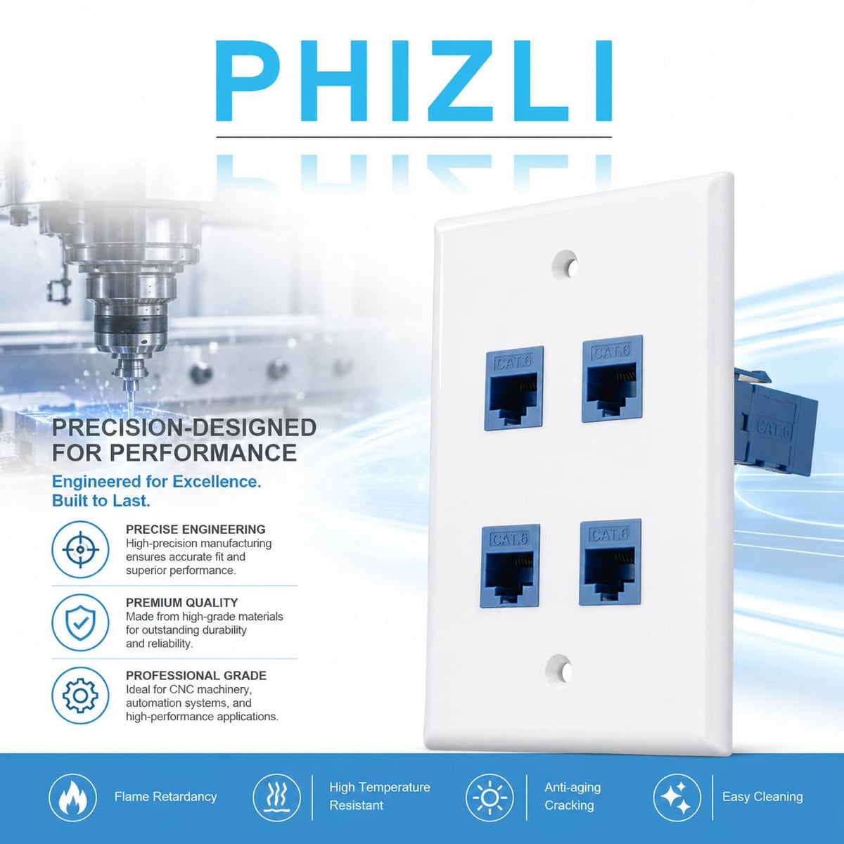 Phizli wall plate in an office setup demonstrating cable organization
