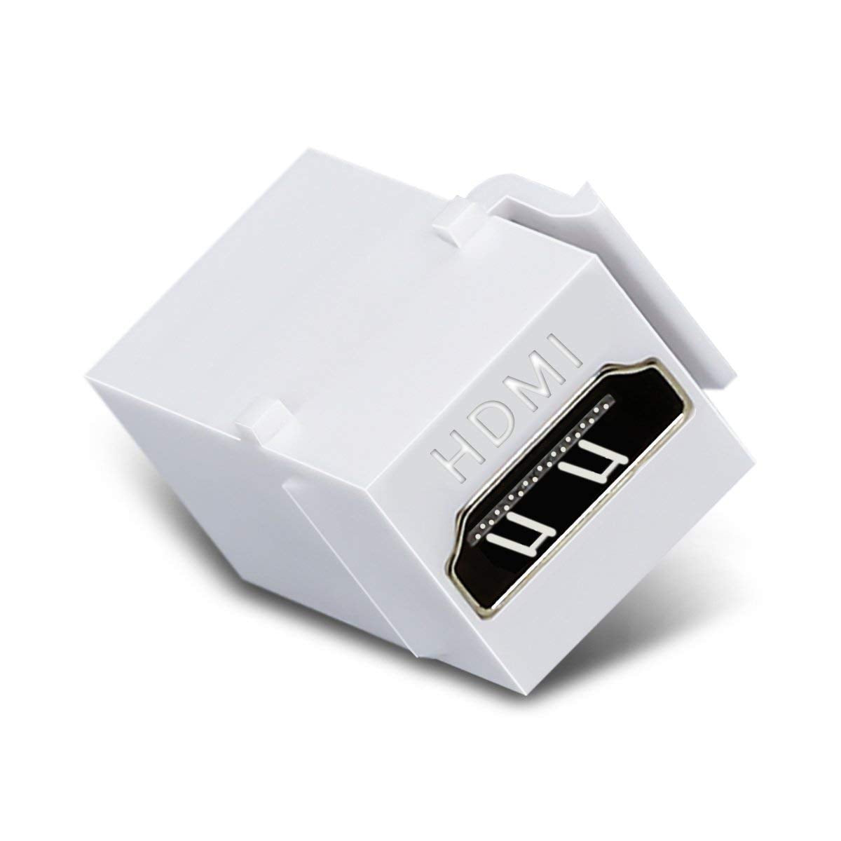 PHIZLI keystone HDMI beside a hand to show compact size and easy handling