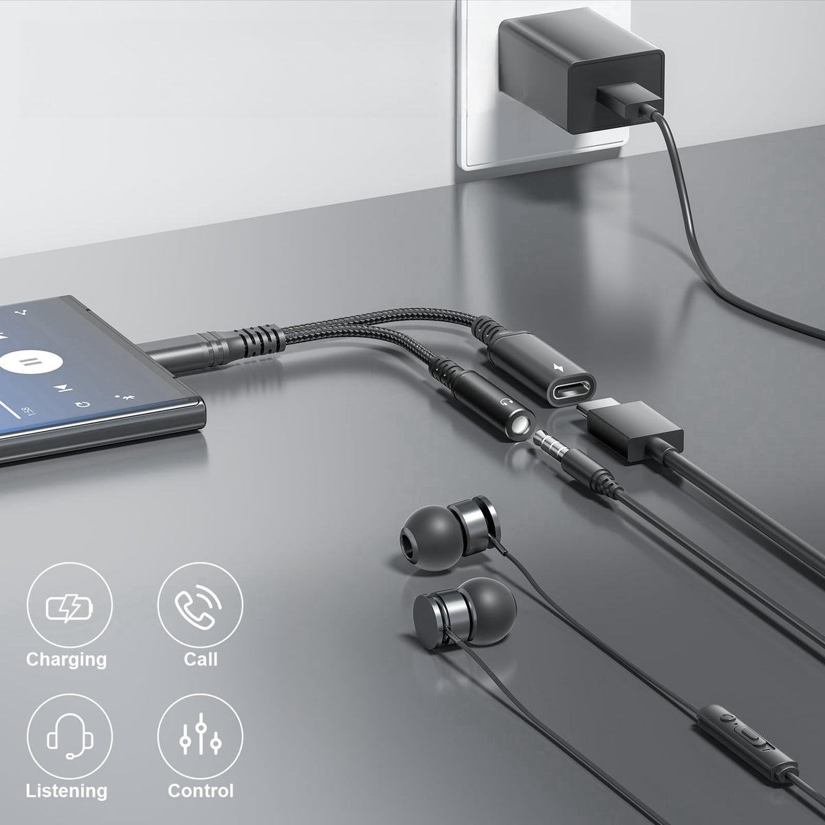 Phoie adapter in use providing audio while charging for uninterrupted listening.