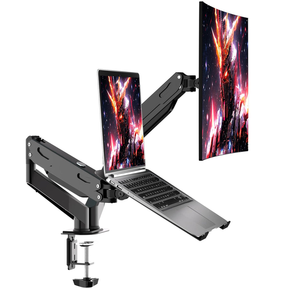 Pholiten monitor-laptop mount setup for ergonomic, space-saving dual display use